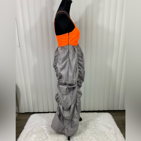 LUSIFER x MO&CO Ruched Nylon Parachute Maxi Dress Gray Neon Orange Size Small - Picture 7 of 16